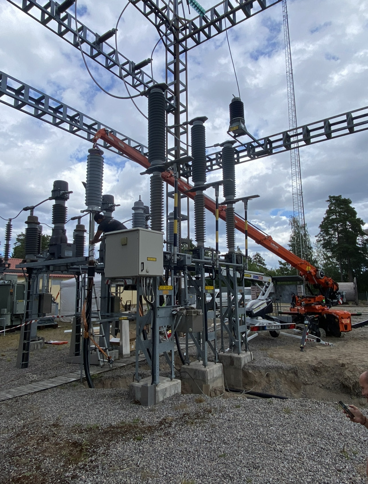 Montage av apparater i ställverk med kranbil på plats